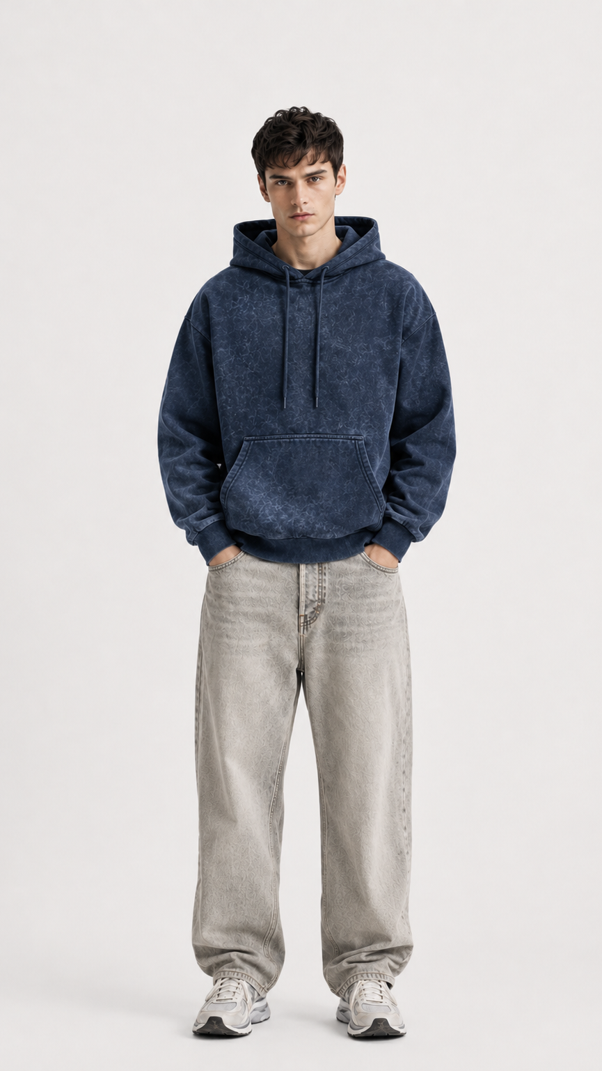 320 GSM ACID WASH NAVY BLUE PREMIUM UNISEX COTTON HOODIE