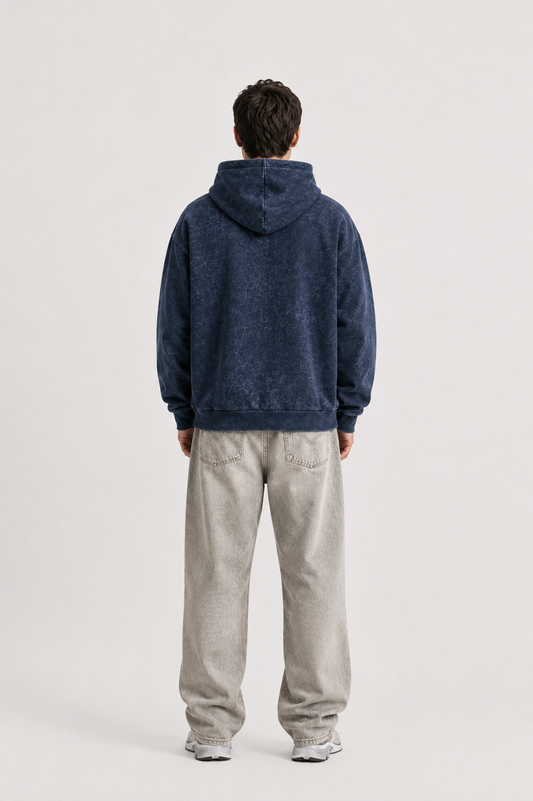 320 GSM ACID WASH NAVY BLUE PREMIUM UNISEX COTTON HOODIE