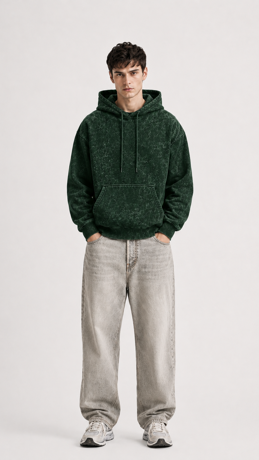 320 GSM ACID WASH BOTTLE GREEN PREMIUM UNISEX COTTON HOODIE