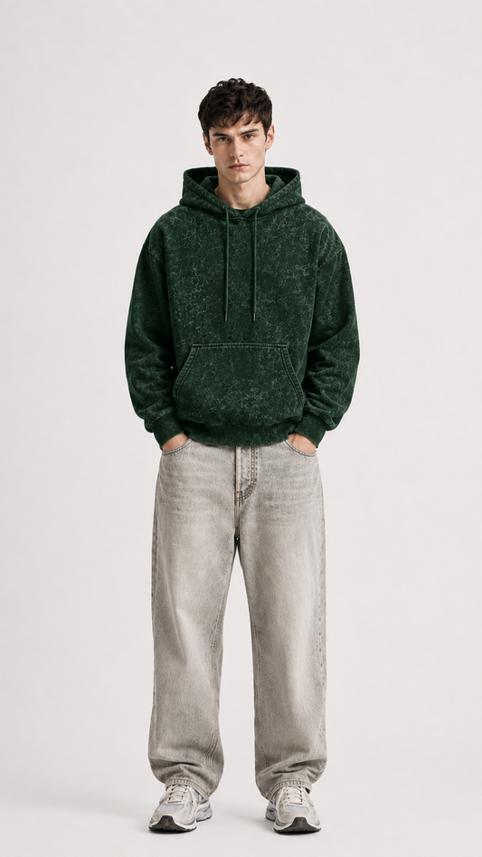 320 GSM ACID WASH BOTTLE GREEN PREMIUM UNISEX COTTON HOODIE