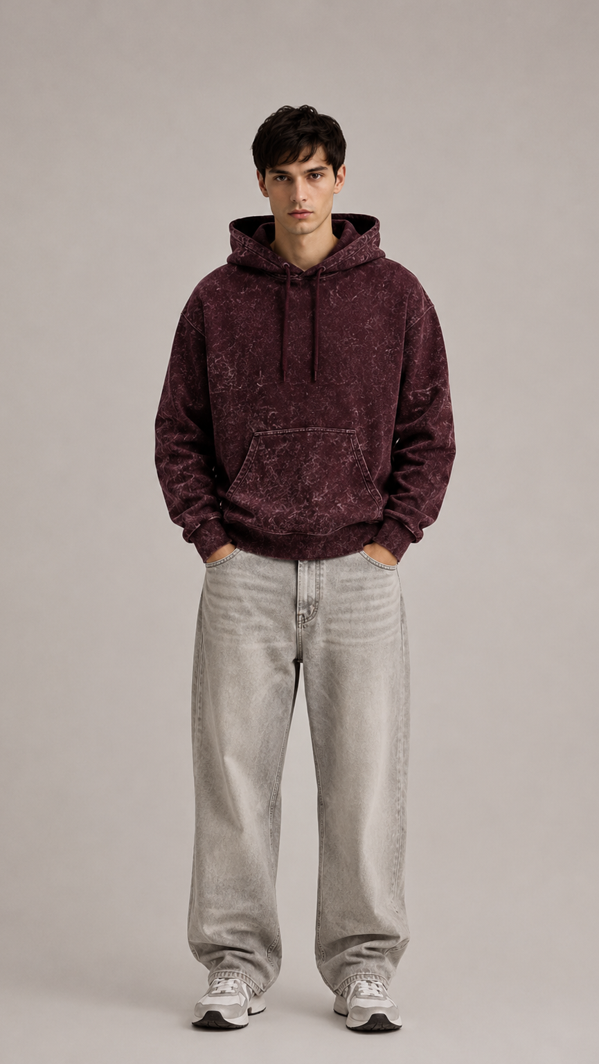 320 GSM ACID WASH MAROON PREMIUM UNISEX COTTON HOODIE