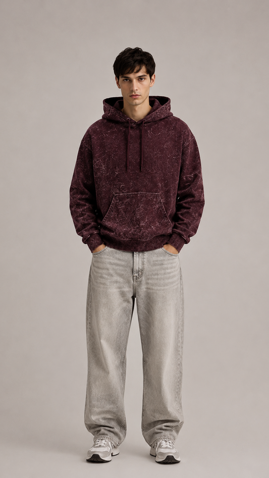 320 GSM ACID WASH MAROON PREMIUM UNISEX COTTON HOODIE