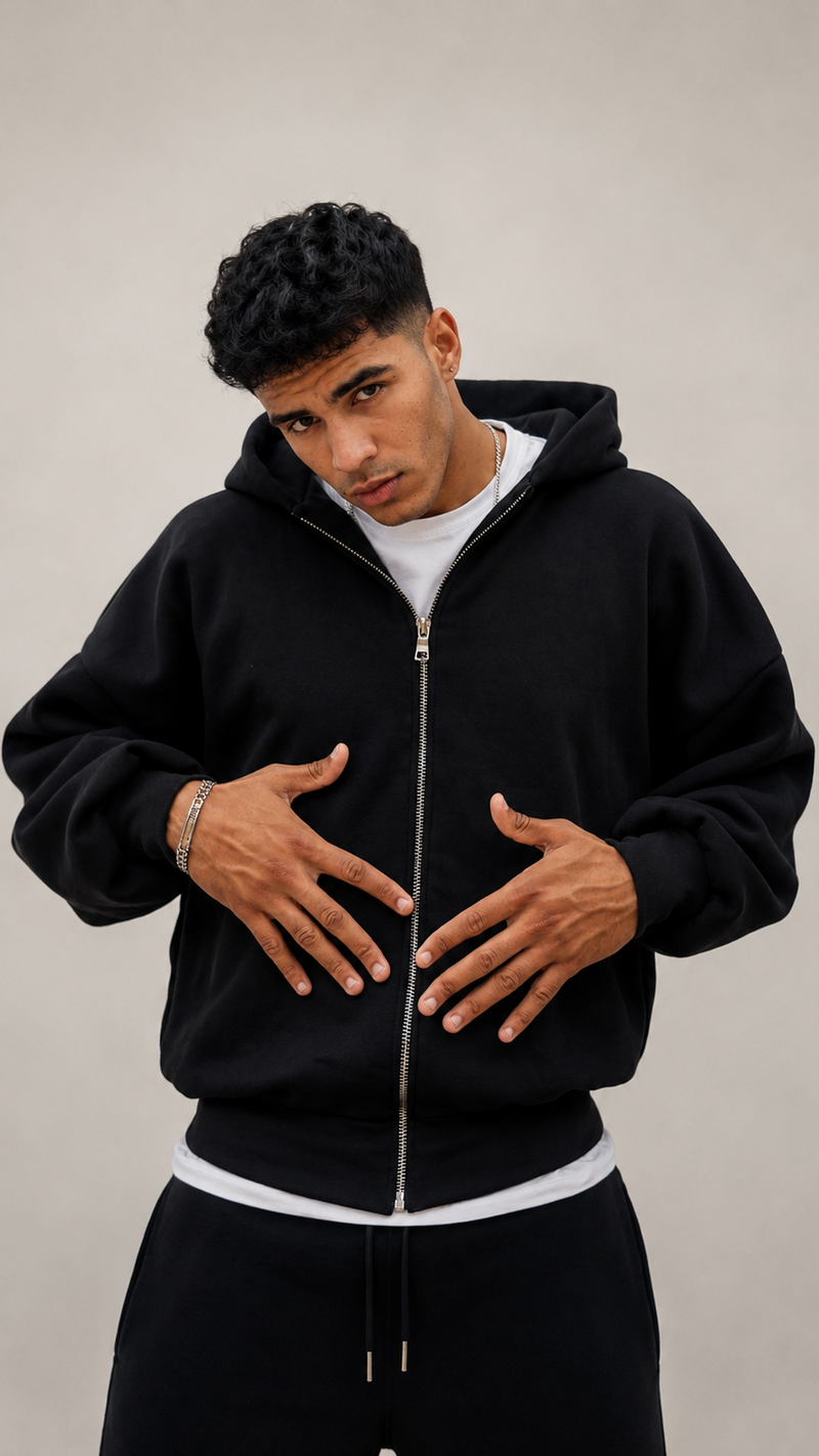 400 GSM UNISEX BLACK PREMIUM COTTON ZIP HOODIE