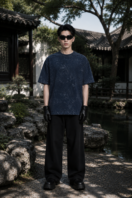 260 GSM ACID WASH NAVY BLUE UNISEX COTTON OVERSIZED TSHIRT